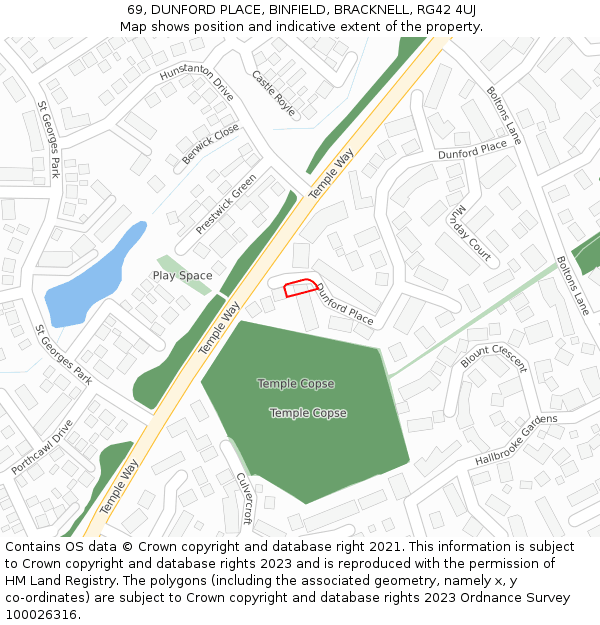 69, DUNFORD PLACE, BINFIELD, BRACKNELL, RG42 4UJ: Location map and indicative extent of plot