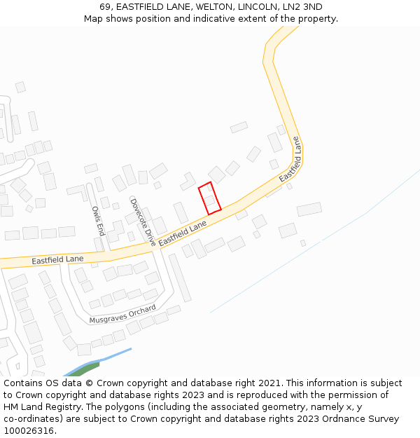 69, EASTFIELD LANE, WELTON, LINCOLN, LN2 3ND: Location map and indicative extent of plot