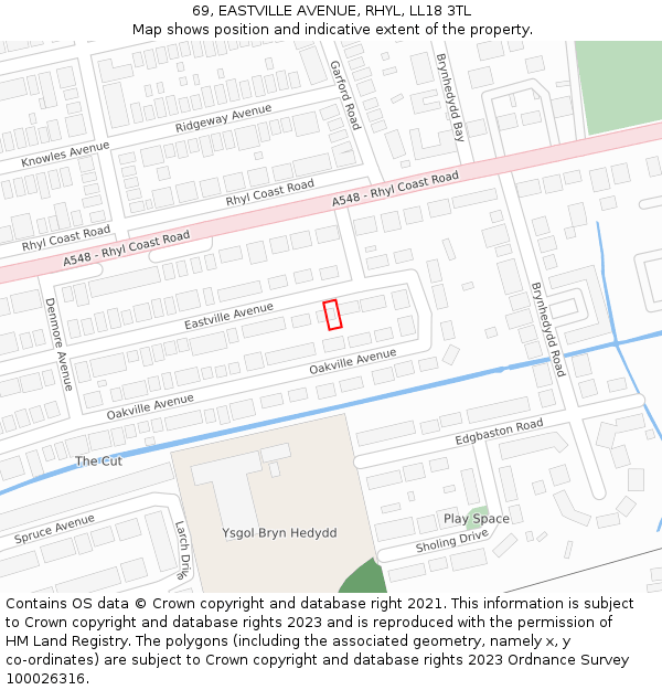 69, EASTVILLE AVENUE, RHYL, LL18 3TL: Location map and indicative extent of plot