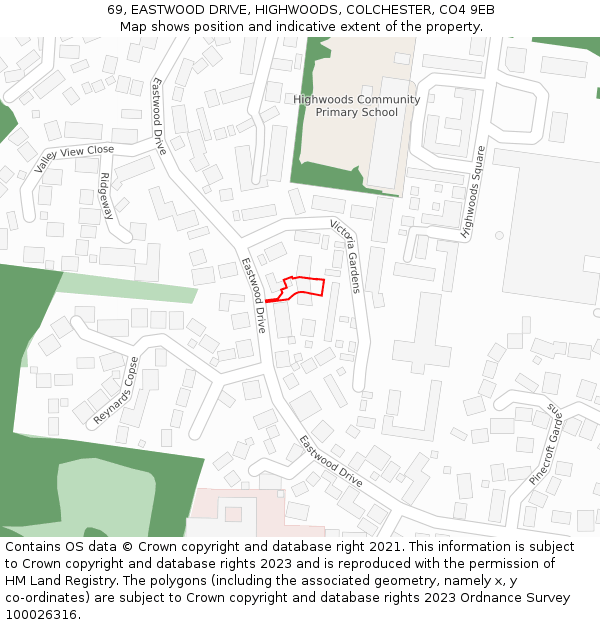 69, EASTWOOD DRIVE, HIGHWOODS, COLCHESTER, CO4 9EB: Location map and indicative extent of plot