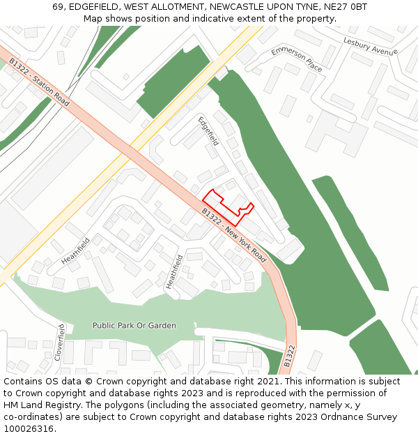 69, EDGEFIELD, WEST ALLOTMENT, NEWCASTLE UPON TYNE, NE27 0BT: Location map and indicative extent of plot