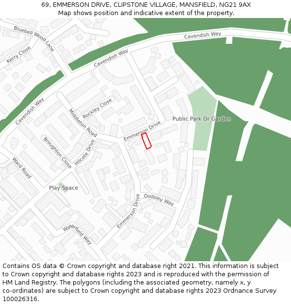 69, EMMERSON DRIVE, CLIPSTONE VILLAGE, MANSFIELD, NG21 9AX: Location map and indicative extent of plot