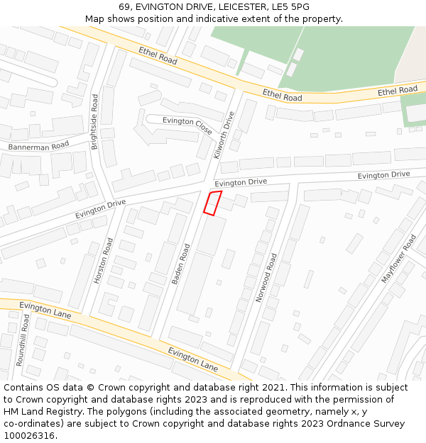 69, EVINGTON DRIVE, LEICESTER, LE5 5PG: Location map and indicative extent of plot