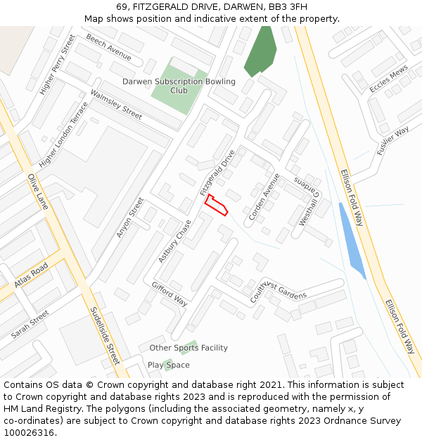 69, FITZGERALD DRIVE, DARWEN, BB3 3FH: Location map and indicative extent of plot