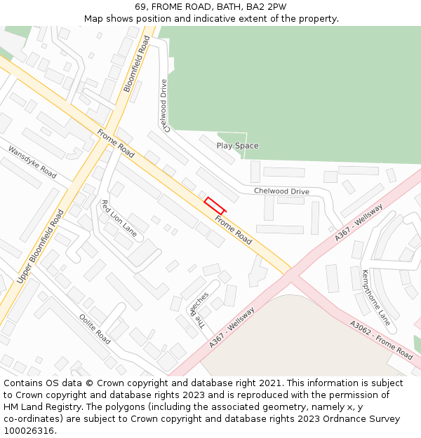 69, FROME ROAD, BATH, BA2 2PW: Location map and indicative extent of plot