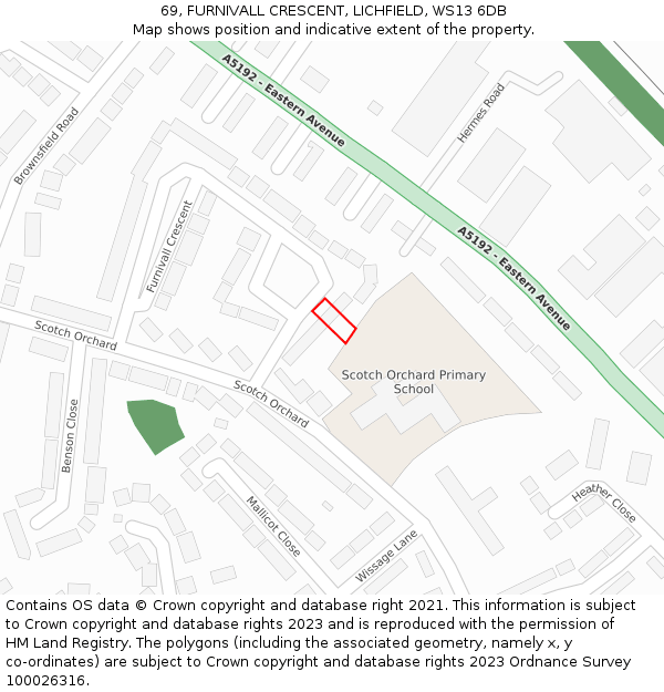 69, FURNIVALL CRESCENT, LICHFIELD, WS13 6DB: Location map and indicative extent of plot