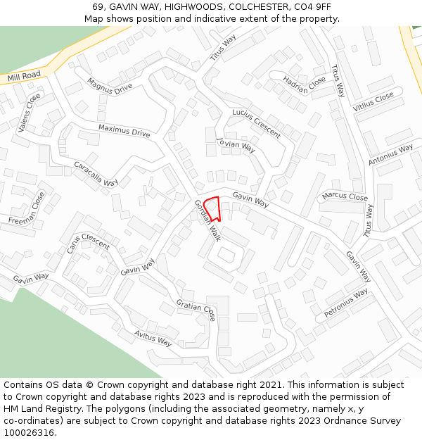 69, GAVIN WAY, HIGHWOODS, COLCHESTER, CO4 9FF: Location map and indicative extent of plot