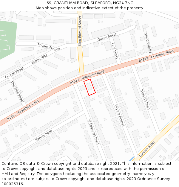 69, GRANTHAM ROAD, SLEAFORD, NG34 7NG: Location map and indicative extent of plot