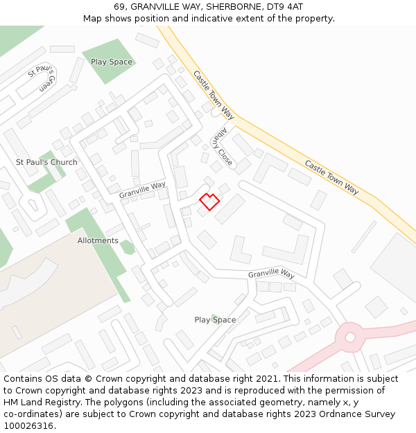 69, GRANVILLE WAY, SHERBORNE, DT9 4AT: Location map and indicative extent of plot