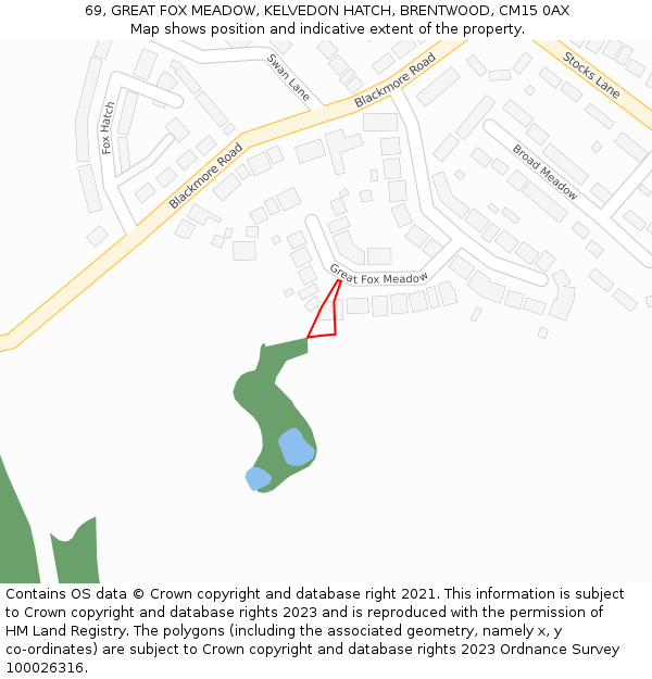 69, GREAT FOX MEADOW, KELVEDON HATCH, BRENTWOOD, CM15 0AX: Location map and indicative extent of plot