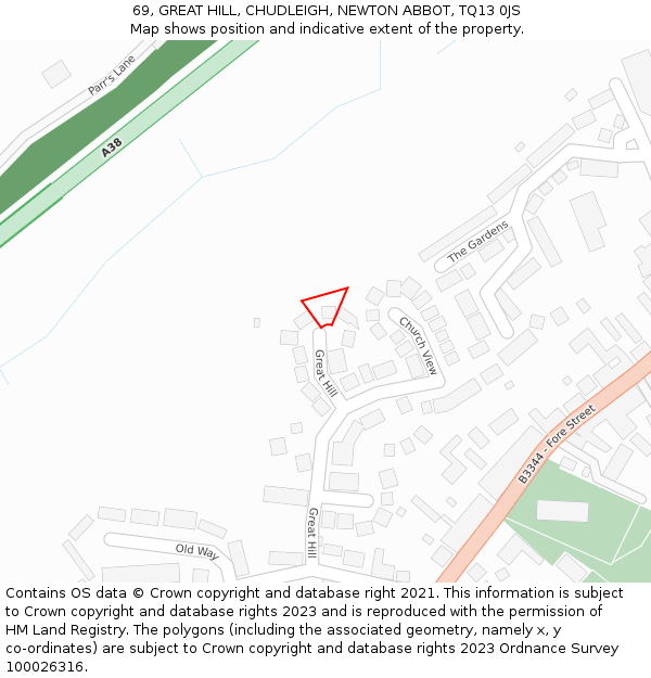 69, GREAT HILL, CHUDLEIGH, NEWTON ABBOT, TQ13 0JS: Location map and indicative extent of plot