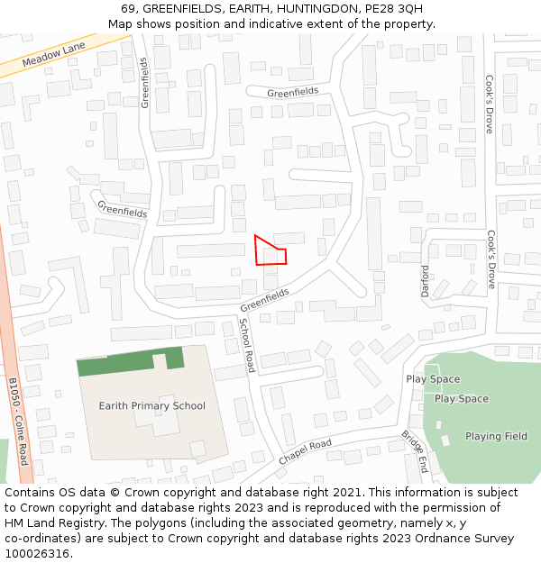 69, GREENFIELDS, EARITH, HUNTINGDON, PE28 3QH: Location map and indicative extent of plot