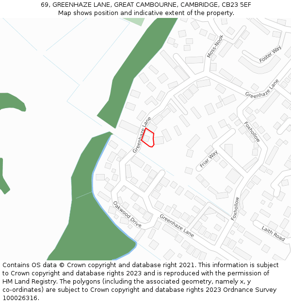 69, GREENHAZE LANE, GREAT CAMBOURNE, CAMBRIDGE, CB23 5EF: Location map and indicative extent of plot