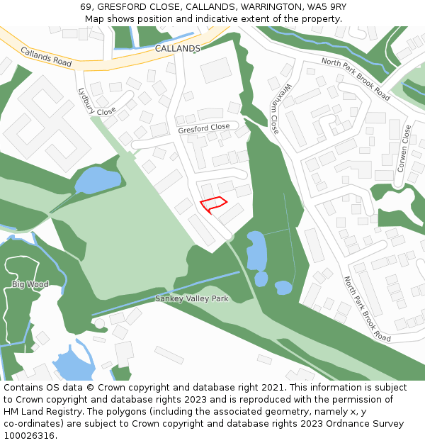 69, GRESFORD CLOSE, CALLANDS, WARRINGTON, WA5 9RY: Location map and indicative extent of plot