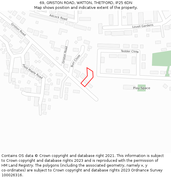 69, GRISTON ROAD, WATTON, THETFORD, IP25 6DN: Location map and indicative extent of plot