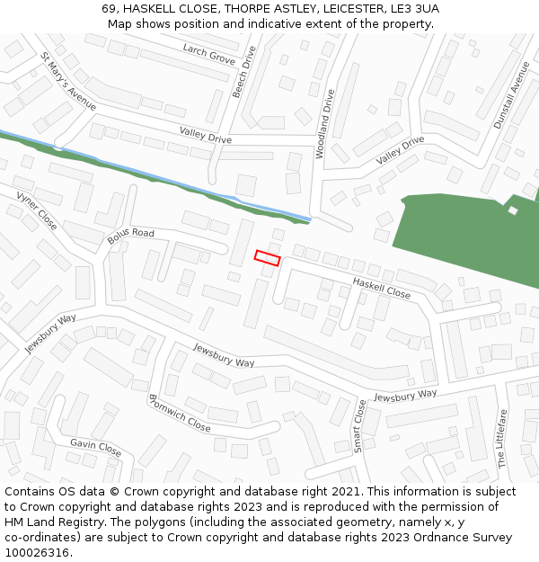 69, HASKELL CLOSE, THORPE ASTLEY, LEICESTER, LE3 3UA: Location map and indicative extent of plot