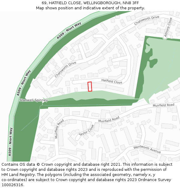 69, HATFIELD CLOSE, WELLINGBOROUGH, NN8 3FF: Location map and indicative extent of plot