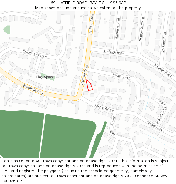 69, HATFIELD ROAD, RAYLEIGH, SS6 9AP: Location map and indicative extent of plot