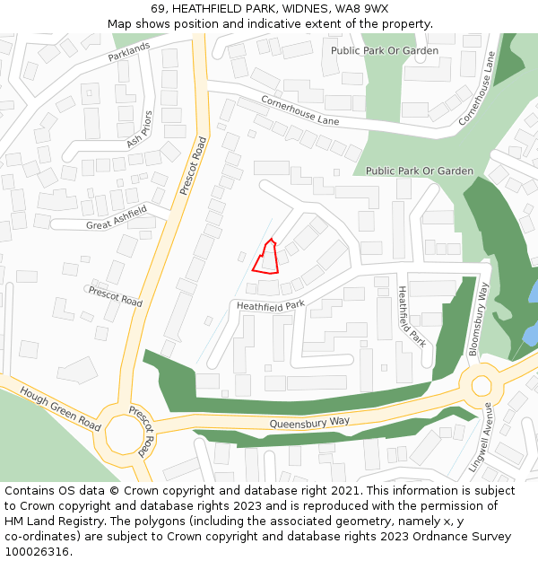69, HEATHFIELD PARK, WIDNES, WA8 9WX: Location map and indicative extent of plot