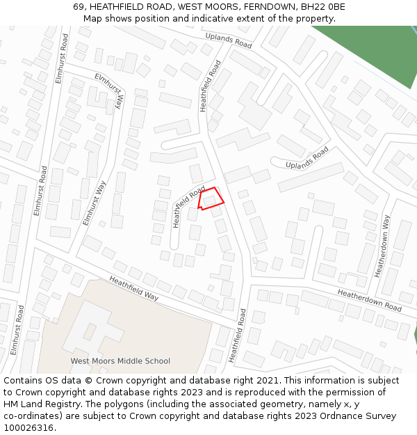 69, HEATHFIELD ROAD, WEST MOORS, FERNDOWN, BH22 0BE: Location map and indicative extent of plot