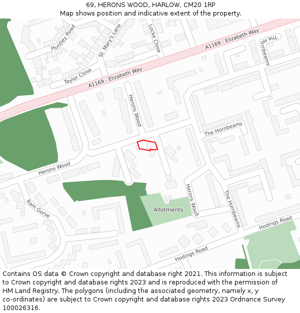 69, HERONS WOOD, HARLOW, CM20 1RP: Location map and indicative extent of plot