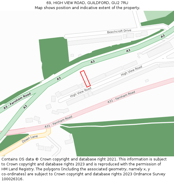 69, HIGH VIEW ROAD, GUILDFORD, GU2 7RU: Location map and indicative extent of plot