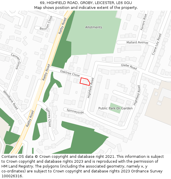 69, HIGHFIELD ROAD, GROBY, LEICESTER, LE6 0GU: Location map and indicative extent of plot