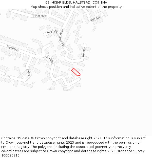 69, HIGHFIELDS, HALSTEAD, CO9 1NH: Location map and indicative extent of plot