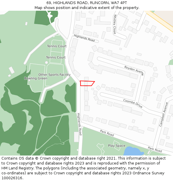 69, HIGHLANDS ROAD, RUNCORN, WA7 4PT: Location map and indicative extent of plot