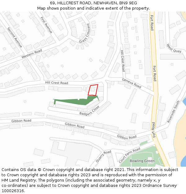 69, HILLCREST ROAD, NEWHAVEN, BN9 9EG: Location map and indicative extent of plot