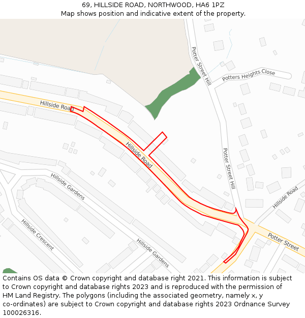 69, HILLSIDE ROAD, NORTHWOOD, HA6 1PZ: Location map and indicative extent of plot