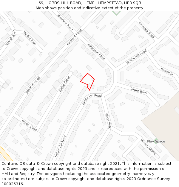 69, HOBBS HILL ROAD, HEMEL HEMPSTEAD, HP3 9QB: Location map and indicative extent of plot