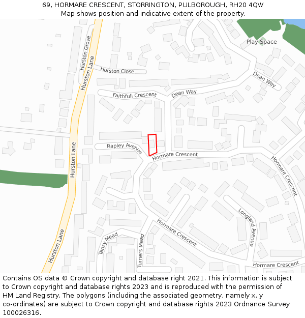 69, HORMARE CRESCENT, STORRINGTON, PULBOROUGH, RH20 4QW: Location map and indicative extent of plot