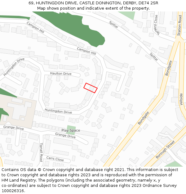 69, HUNTINGDON DRIVE, CASTLE DONINGTON, DERBY, DE74 2SR: Location map and indicative extent of plot