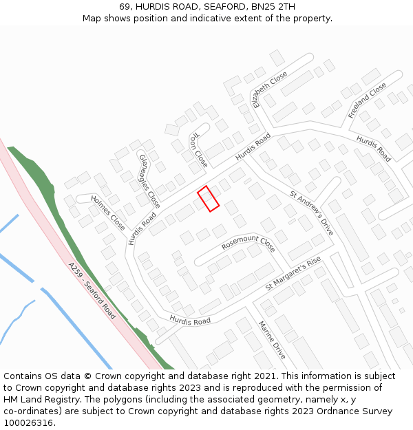 69, HURDIS ROAD, SEAFORD, BN25 2TH: Location map and indicative extent of plot