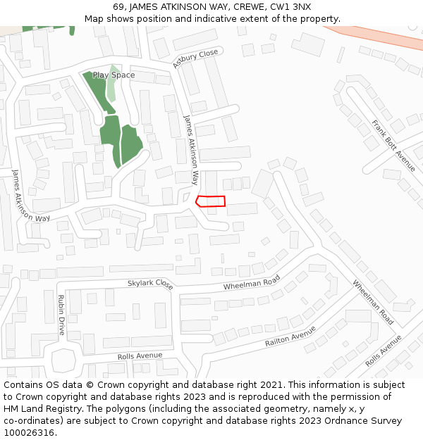 69, JAMES ATKINSON WAY, CREWE, CW1 3NX: Location map and indicative extent of plot