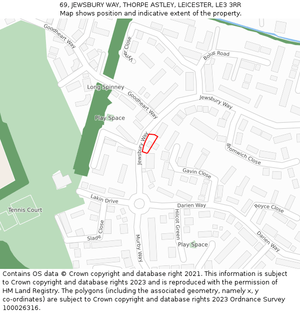 69, JEWSBURY WAY, THORPE ASTLEY, LEICESTER, LE3 3RR: Location map and indicative extent of plot