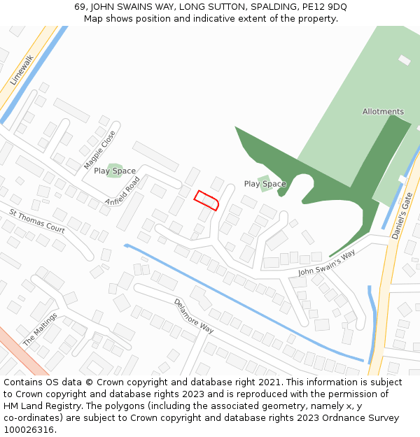 69, JOHN SWAINS WAY, LONG SUTTON, SPALDING, PE12 9DQ: Location map and indicative extent of plot