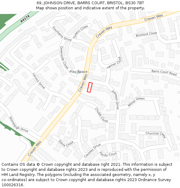 69, JOHNSON DRIVE, BARRS COURT, BRISTOL, BS30 7BT: Location map and indicative extent of plot