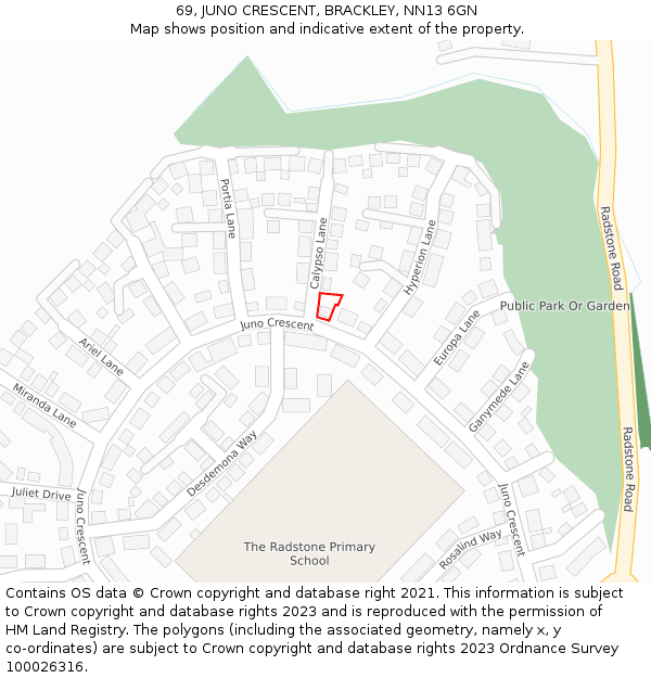 69, JUNO CRESCENT, BRACKLEY, NN13 6GN: Location map and indicative extent of plot