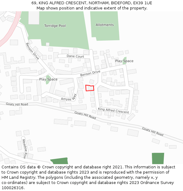69, KING ALFRED CRESCENT, NORTHAM, BIDEFORD, EX39 1UE: Location map and indicative extent of plot