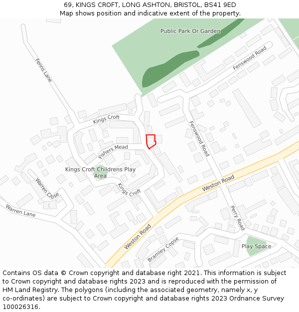 69, KINGS CROFT, LONG ASHTON, BRISTOL, BS41 9ED: Location map and indicative extent of plot