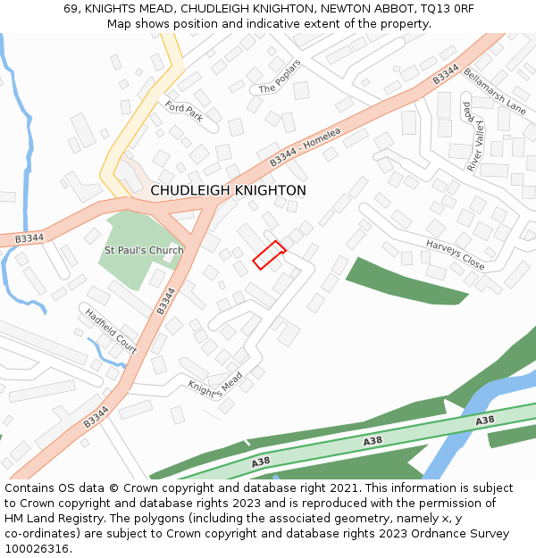 69, KNIGHTS MEAD, CHUDLEIGH KNIGHTON, NEWTON ABBOT, TQ13 0RF: Location map and indicative extent of plot