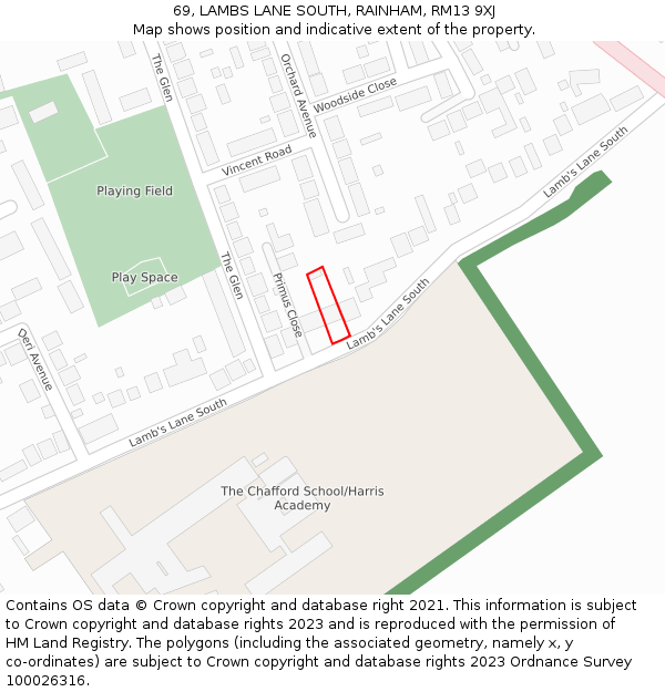 69, LAMBS LANE SOUTH, RAINHAM, RM13 9XJ: Location map and indicative extent of plot