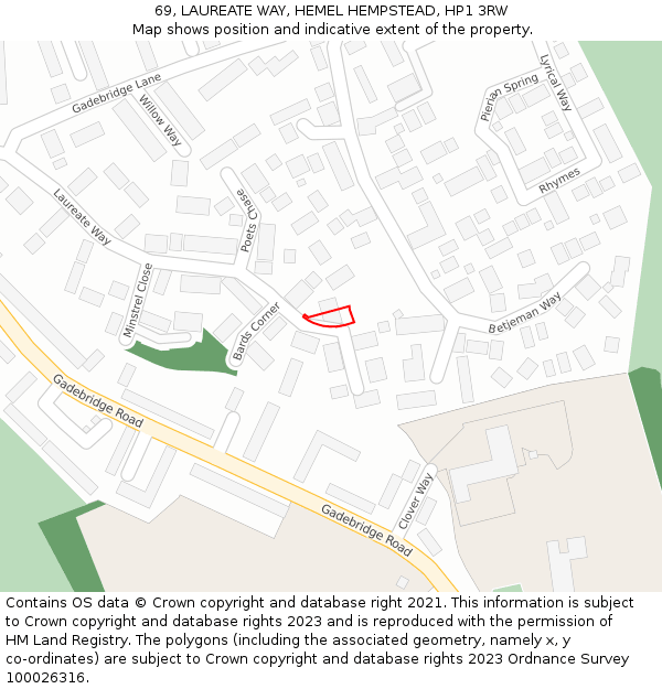 69, LAUREATE WAY, HEMEL HEMPSTEAD, HP1 3RW: Location map and indicative extent of plot