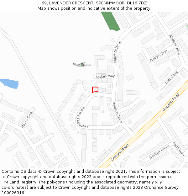 69, LAVENDER CRESCENT, SPENNYMOOR, DL16 7BZ: Location map and indicative extent of plot