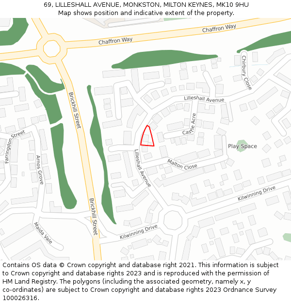 69, LILLESHALL AVENUE, MONKSTON, MILTON KEYNES, MK10 9HU: Location map and indicative extent of plot