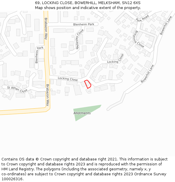 69, LOCKING CLOSE, BOWERHILL, MELKSHAM, SN12 6XS: Location map and indicative extent of plot