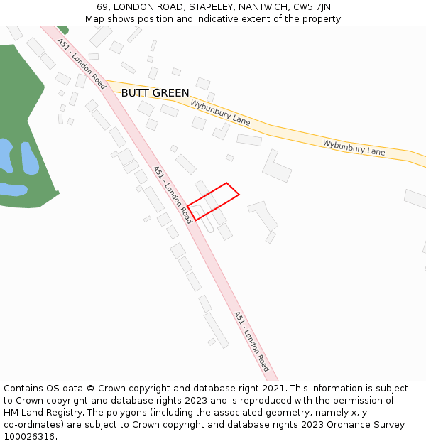 69, LONDON ROAD, STAPELEY, NANTWICH, CW5 7JN: Location map and indicative extent of plot