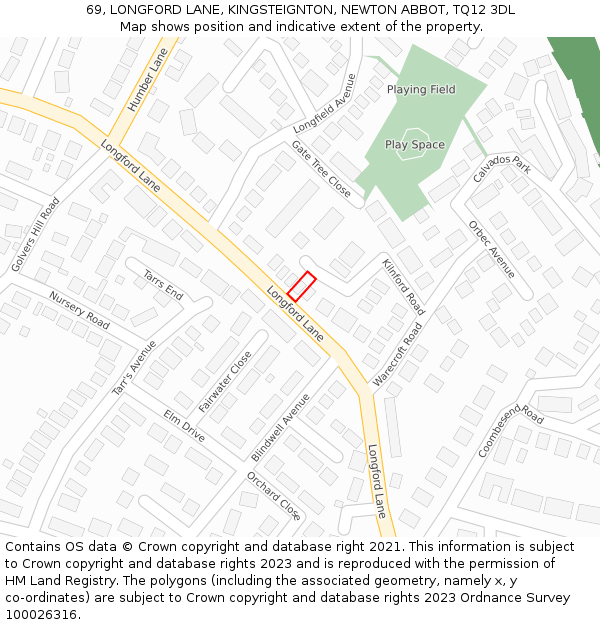 69, LONGFORD LANE, KINGSTEIGNTON, NEWTON ABBOT, TQ12 3DL: Location map and indicative extent of plot